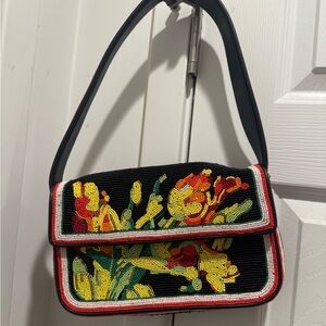 Floral Embroidered Tommy Beaded Black Shoulder Bag